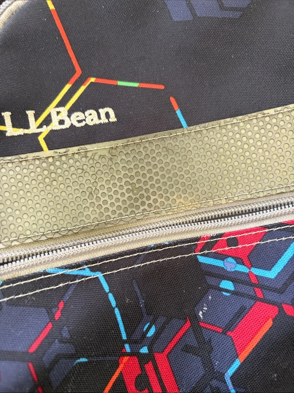 L.L. Bean Black Backpack with Red and Blue Geometric Print